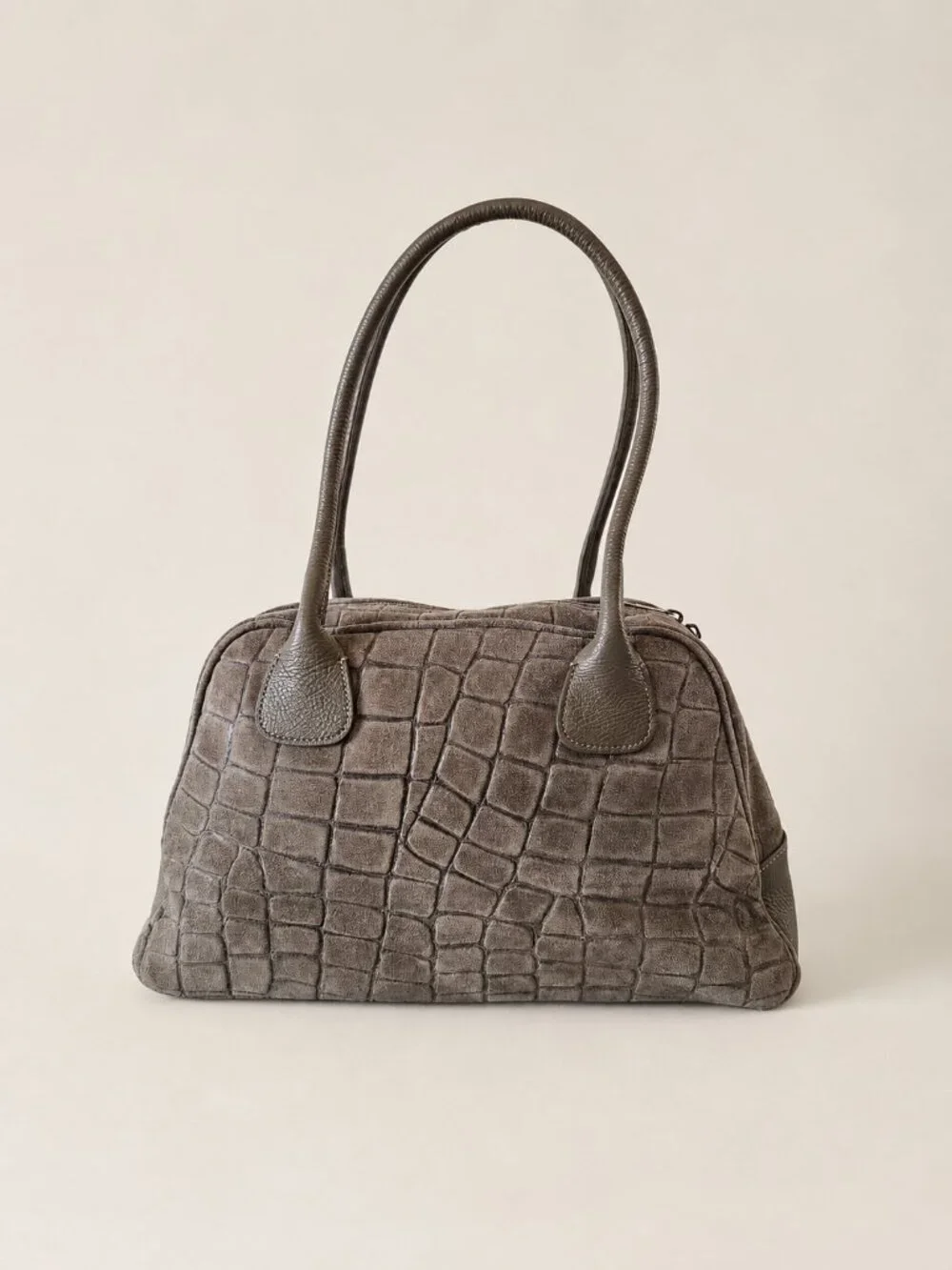 Taupe Italian Leather & Croc-Embossed Suede Shoulder Bag – Large Dome Handbag